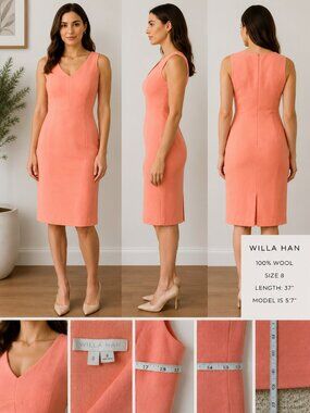 🧡 Willa Han 100% Wool Sleeveless Sheath Midi Dress Coral Pink Size 8